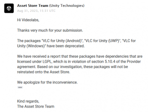 Unity заблокировала в Store официальный проект с открытым исходным кодом VLC для интеграции с движком